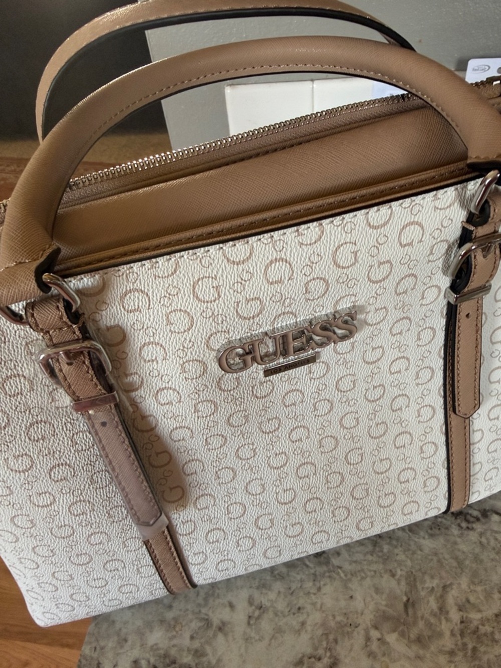 GUESS Cream and Tan Logo Monogram Satchel